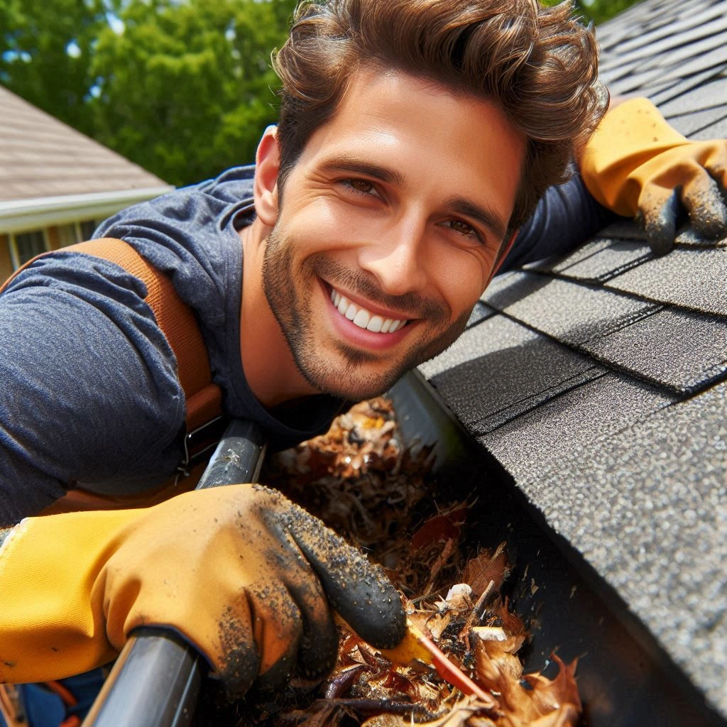 Gutter repair technician working on a home
